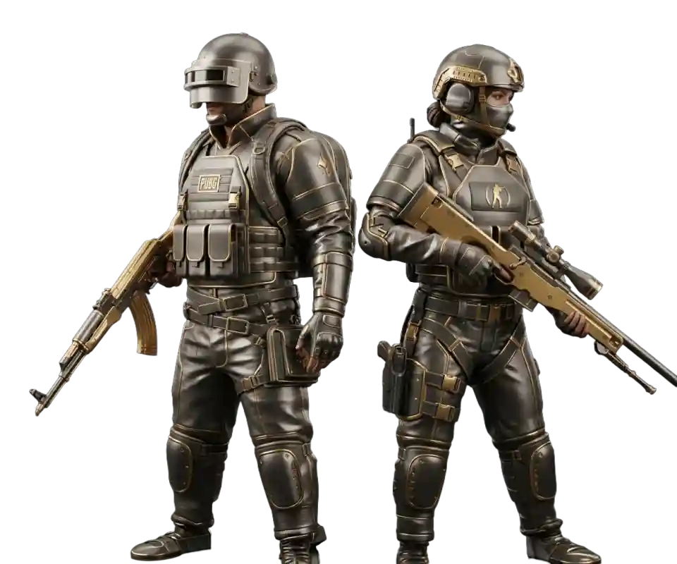 Two tactical armored soldiers in gold and gunmetal gear holding rifles, representing PUBG and Counter-Strike style esports titles