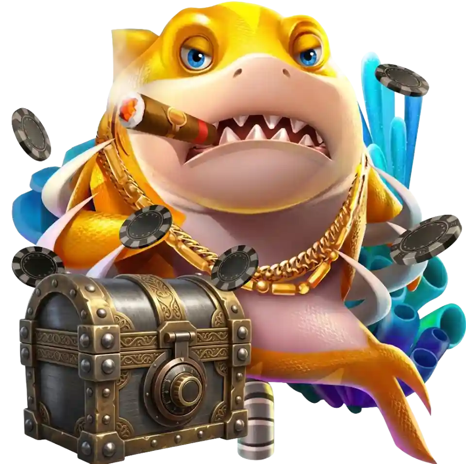 Cartoon fish character wearing gold chains and smoking a cigar beside a treasure chest, for Ignition's fishing slot games section