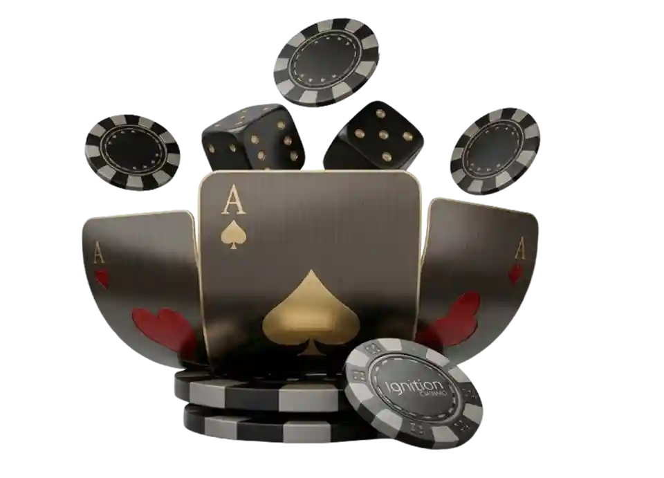 Three metallic ace of spades playing cards fanned behind poker chips and black dice, with one chip reading 'Ignition Casino,' on a white background