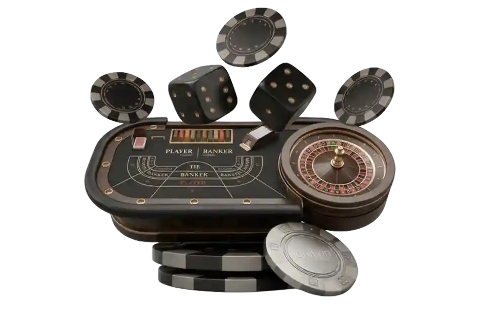 Baccarat table with roulette wheel, dice, and Ignition Casino poker chips floating around it