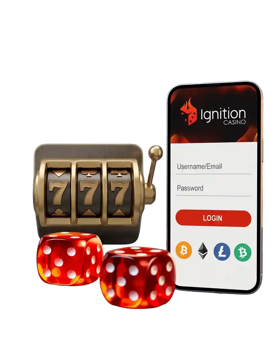 Slot machine reel showing triple sevens beside red dice and a smartphone displaying the Ignition Casino login screen with cryptocurrency deposit icons