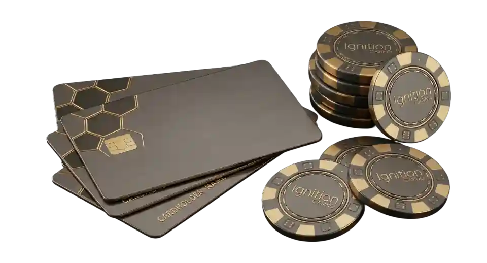 Stack of bronze payment cards with hexagon chip design beside a group of gold and bronze Ignition Casino poker chips