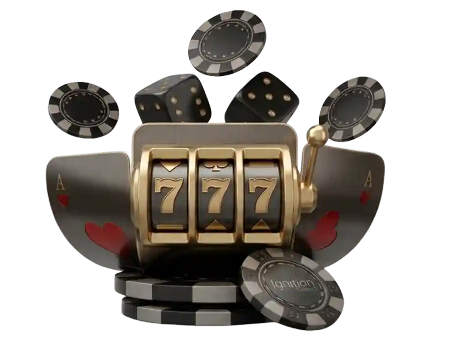 Slot machine reel showing three sevens with a gold lever, framed by ace of spades and ace of hearts playing cards, poker chips, and dice, with one chip reading 'Ignition Casino,' on a white background