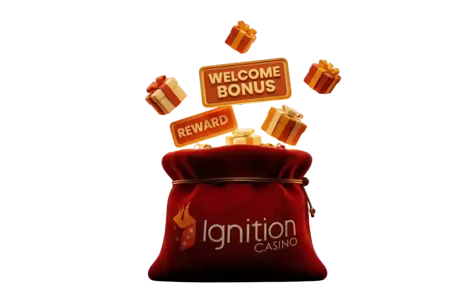 Red Ignition Casino money bag with gift boxes and Welcome Bonus and Reward badges floating above it