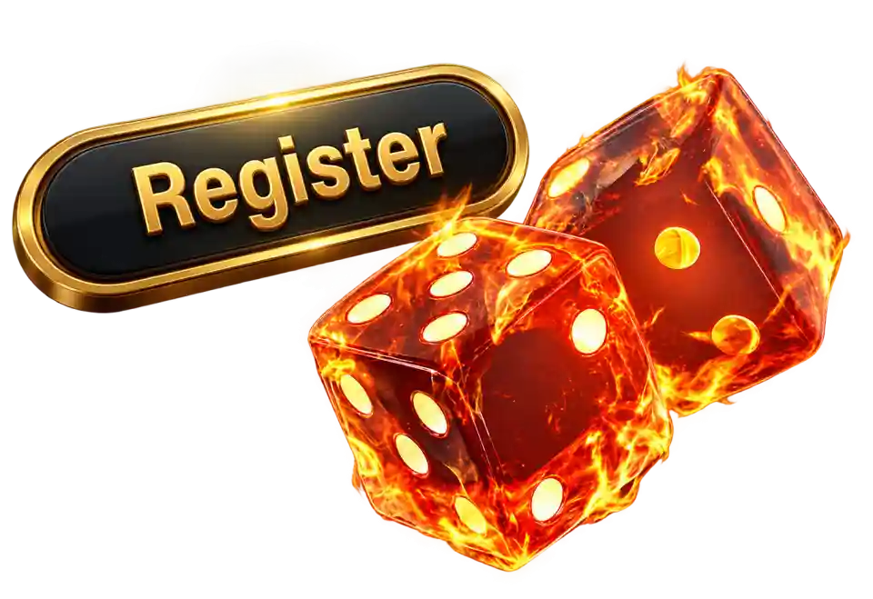 Gold Register button beside two dice engulfed in flames