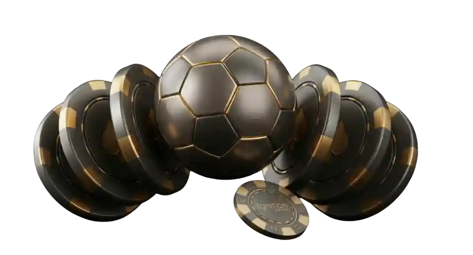 Bronze soccer ball surrounded by black and gold poker chips, one branded with the Ignition Casino logo