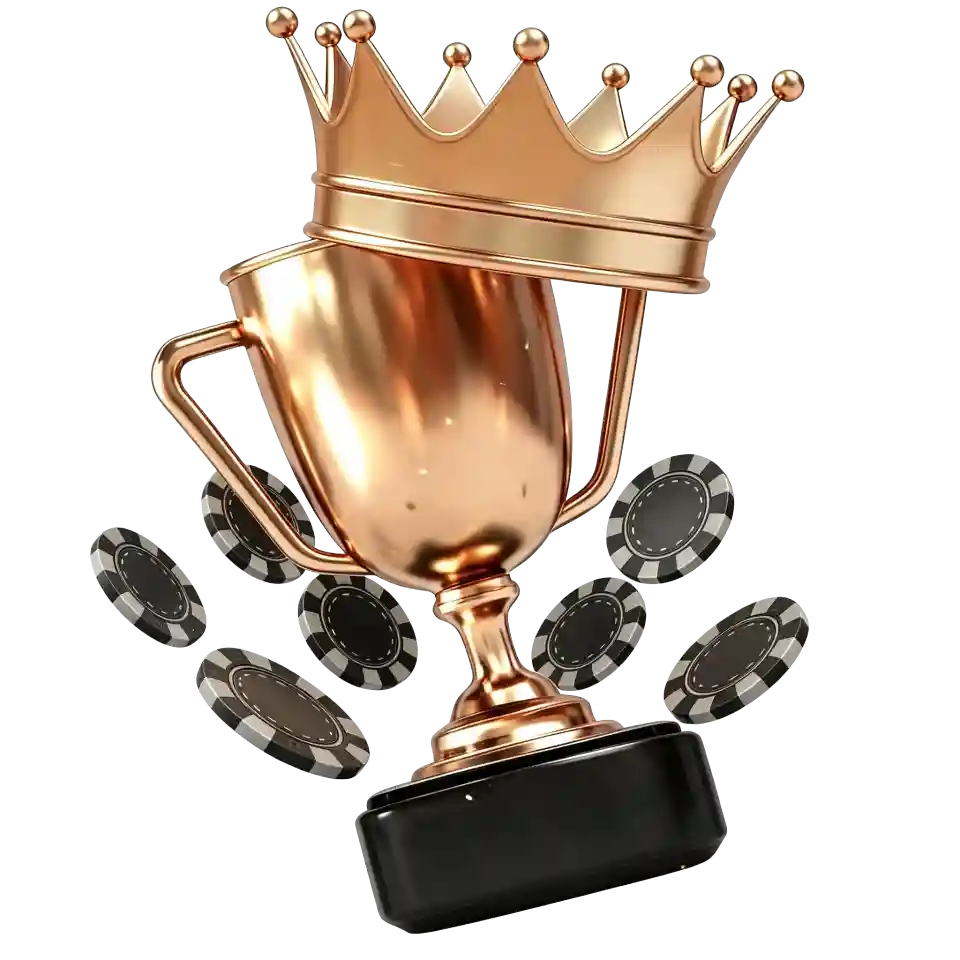 Gold trophy topped with a crown, surrounded by floating black and silver poker chips, for Ignition's VIP program