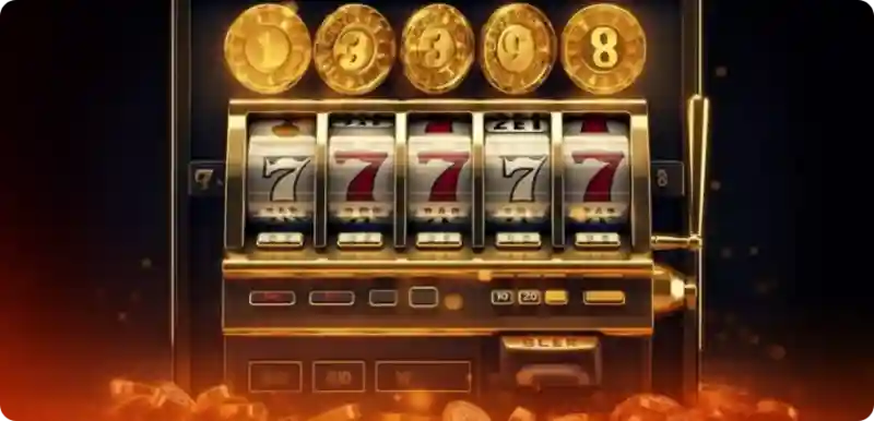 Gold five-reel slot machine showing five sevens across the reels, with gold coins displaying the numbers 1, 3, 3, 9, and 8 above, surrounded by scattered coins and orange embers