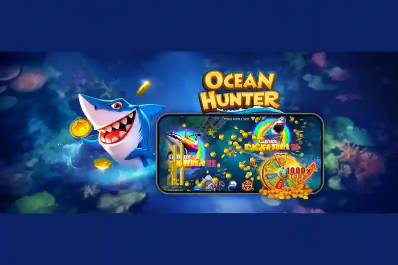 alt="Ocean Hunter fish-shooting slot game banner with a grinning blue shark, gold coins, and a mobile gameplay screenshot showing capture targets