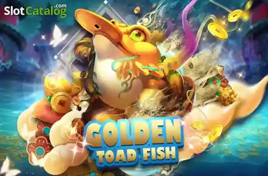 Golden Toad Fish slot game banner showing an ornate golden toad-fish creature surrounded by coins and treasure on a mystical shoreline