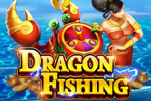 Dragon Fishing slot game banner featuring a red crab, a mermaid figure, and a spinning bonus wheel over ocean water