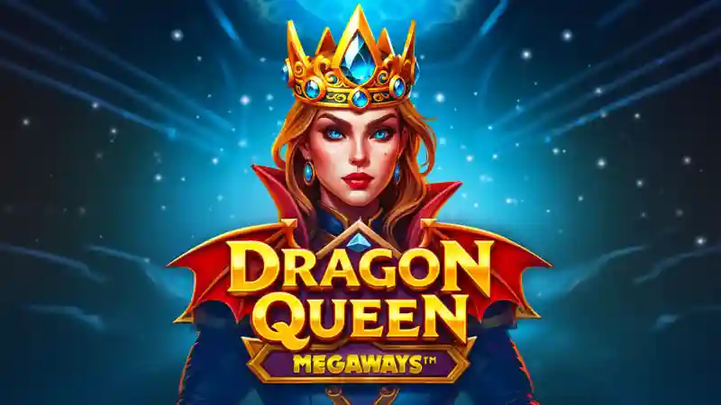 Dragon Queen Megaways slot game banner showing a crowned queen with red dragon-wing shoulder armor on a glowing blue background