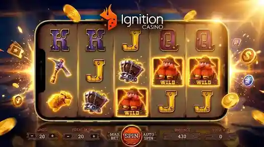Ignition Casino app on a smartphone showing a mining-themed slot game with playing card symbols and 'WILD' bear icons, with Lines, Total Bet, Spin, Auto Spin, and Balance controls visible