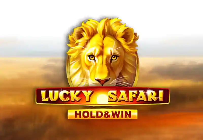 Lucky Safari Hold & Win slot game banner featuring a golden lion face against a savanna backdrop