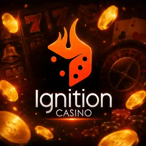 Ignition Casino logo surrounded by slot machine symbols, playing cards, a roulette wheel, and gold coins