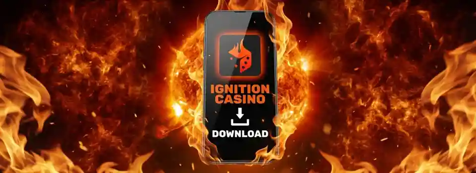 Smartphone showing the Ignition Casino app logo and download icon, engulfed in flames
