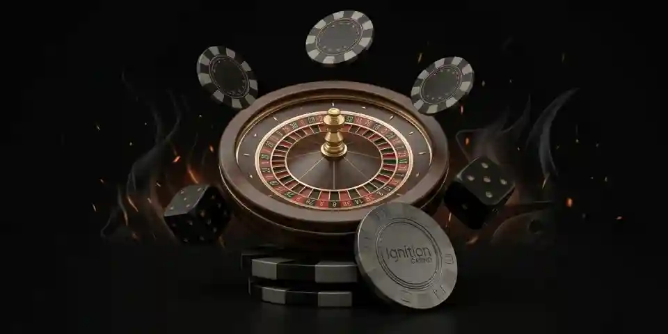 Roulette wheel surrounded by dice, poker chips, and flame effects on a dark background, branded with the Ignition Casino logo