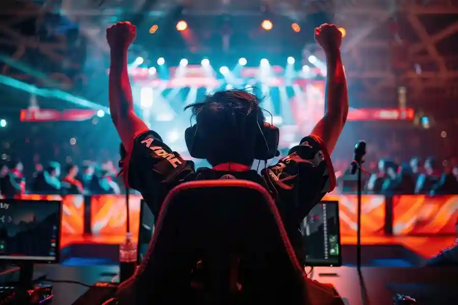 Esports player raising both arms in celebration at a gaming tournament with stage lights and monitors in the foreground