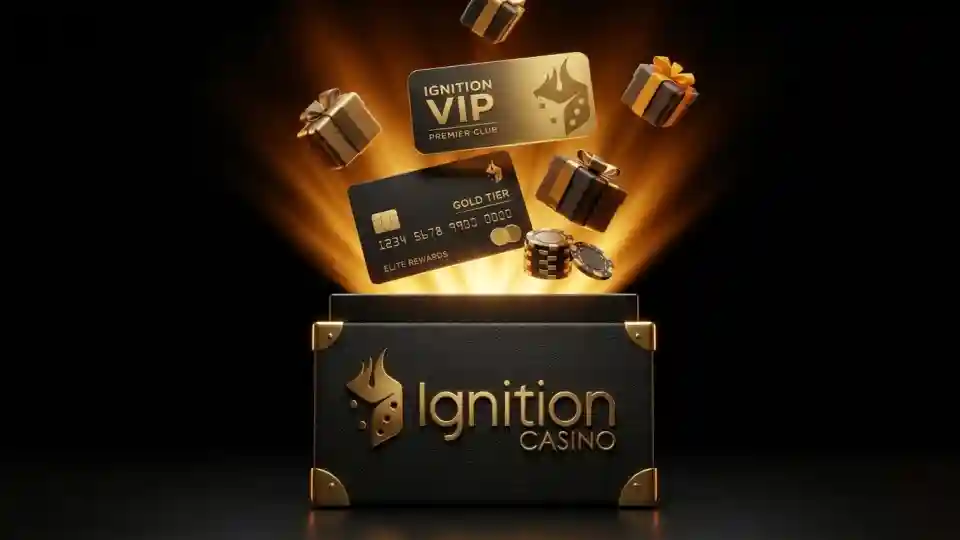 Ignition Casino VIP chest opening with a Gold Tier rewards card, VIP Premier Club badge, gift boxes, and poker chips