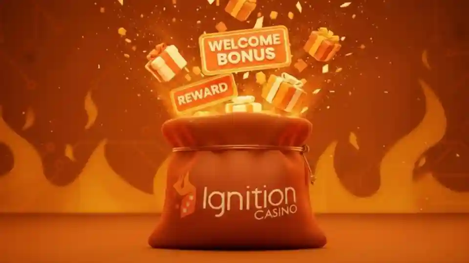 Ignition Casino money bag glowing with gift boxes and Welcome Bonus and Reward badges against a fiery orange background